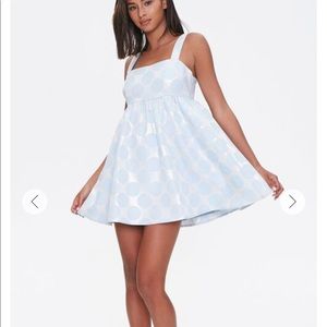 Metallic blue polka dot fit & flare dress